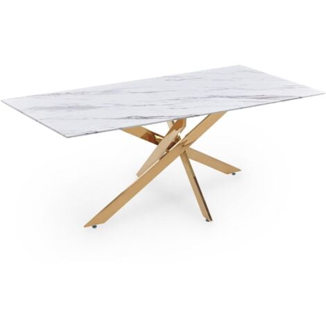 Table à manger rectangulaire design verre marbré et pieds dorés 6