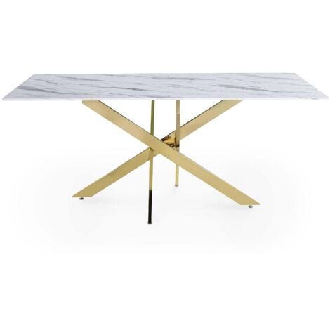 Table à manger rectangulaire design verre marbré et pieds dorés 6