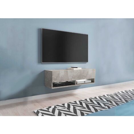 Meuble TV suspendu 1 porte 2 niches gris béton ROMANE - 100 cm (1/5)