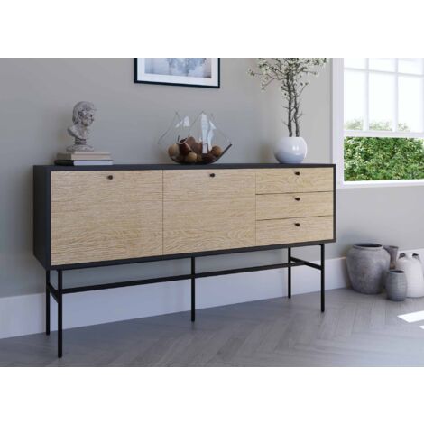 Deco In Paris – Buffet enfilade 3 tiroirs 2 portes – Bois chêne et métal noir – Dimensions 160x40x85 cm – Style industriel rétro-chic (1/5)