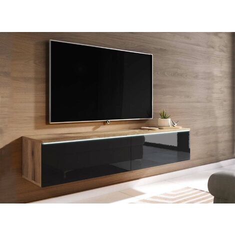 Meuble TV 1 porte et 2 tiroirs avec LEDs - Naturel et blanc laqué - DOLONA