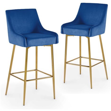 Deco In Paris – Lot de 2 tabourets de bar en velours bleu – Hauteur d'assise 78 cm – Piètement métal doré – Dimensions 49x57x107.5 cm (1/5)