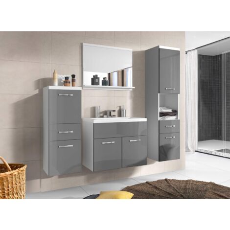 Deco In Paris – Ensemble de meubles de salle de bain suspendu – Blanc et gris brillant – Meuble vasque 60 cm – Colonne 3 tiroirs 30.2 cm – Miroir 60x50 cm