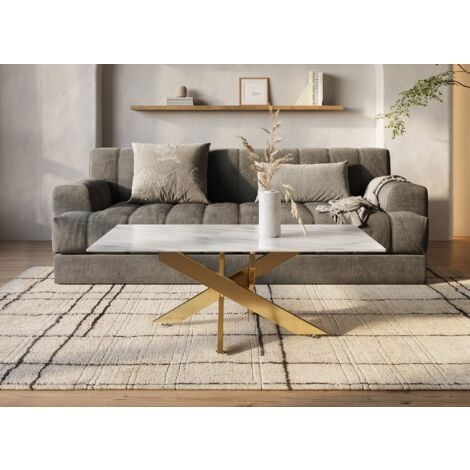 Table basse rectangulaire design verre marbré et pieds dorés