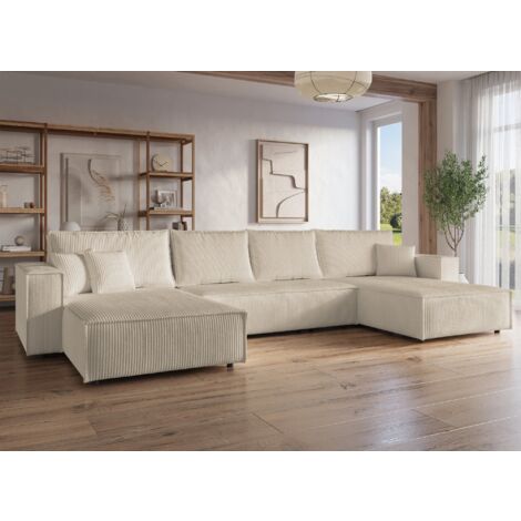 Deco In Paris – Canapé panoramique convertible 5 places – Coffre de rangement – Velours côtelé beige – Dimensions 390x185x70 cm – Couchage 140x344 cm