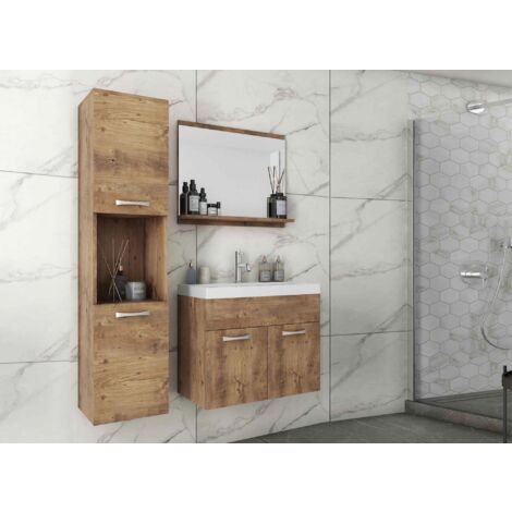 Deco In Paris – Ensemble de meubles salle de bain suspendu – Bois aggloméré effet chêne – Dimensions 60x35x47.2 cm – Miroir avec tablette intégrée