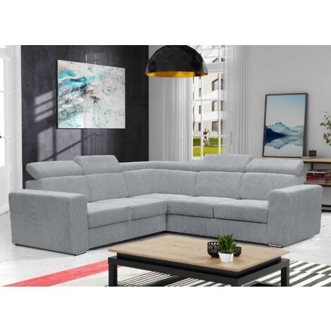 Deco In Paris – Canapé d'angle convertible réversible 6 places – Velours côtelé gris clair – Dimensions 260x260x84 cm – 4 têtières réglables