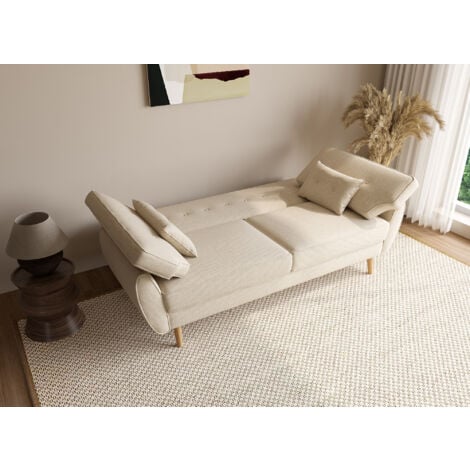 PANAMA - Canapé clic clac en tissu beige avec pieds en bois PANAMA