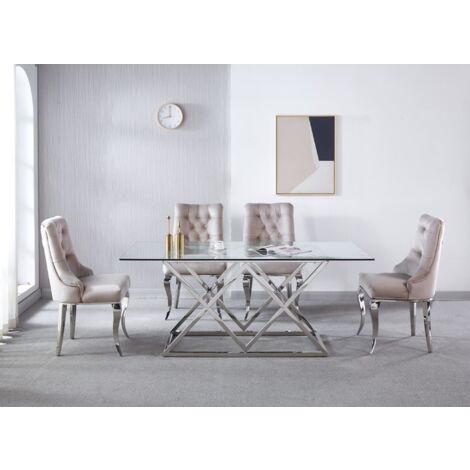 Deco In Paris – Table à manger rectangulaire en verre 180x90cm – Pieds en métal argenté – Design contemporain pour salon et salle à manger