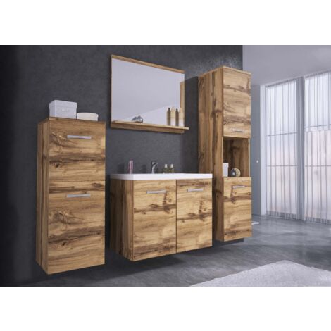 Deco In Paris – Ensemble de meubles de salle de bain suspendu – Chêne vieilli – Dimensions meuble vasque 60x34.5x47 cm – Colonne haute 30.2x30.2x132.8 cm