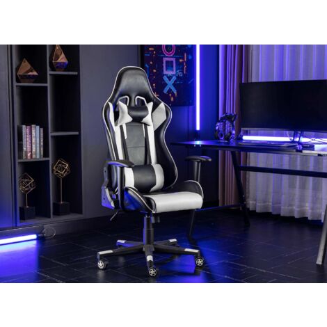 Deco In Paris – Fauteuil gaming simili cuir noir et blanc – Dossier inclinable – Hauteur réglable 44cm – Largeur 65cm – Structure métal