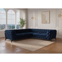 Deco In Paris – Canapé d'angle fixe capitonné velours bleu CARMEN – Largeur 267 cm – Hauteur 75 cm – Design élégant et moderne