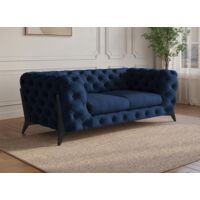 Deco In Paris – Canapé droit 2 places capitonné en velours bleu – Pieds en métal noir – Largeur 172 cm – Hauteur d'assise 48 cm