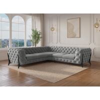 Deco In Paris – Canapé d'angle fixe capitonné chesterfield velours gris – Largeur 267 cm – Profondeur 93 cm – Hauteur 75 cm – Assise moelleuse