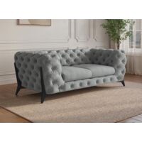 Deco In Paris – Canapé Chesterfield 2 places capitonné en velours gris – Structure en bois – Pieds en métal noir – Dimensions 172x93x75cm