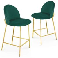 Deco In Paris – Lot de 2 tabourets de bar en velours vert – Hauteur 93 cm – Hauteur d'assise 65 cm – Piètement métal doré – Style rétro chic