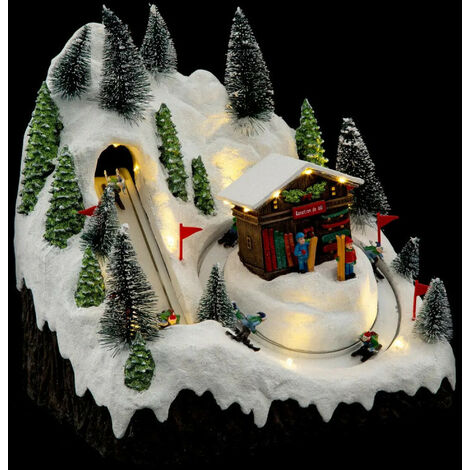 Fééric Lights And Christmas – Village de Noël lumineux et animé – Station de ski avec chalet – 19 LED multicolores – Dimensions 27,5 x 22 x 28 cm – Poids 2,13 kg