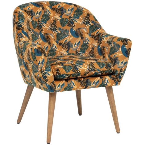 Atmosphera – Fauteuil relax motif jungle ocre – Revêtement velours doux – Dimensions L. 70,5 x P. 65 x H. 83 cm – Dossier haut et accoudoirs confortables