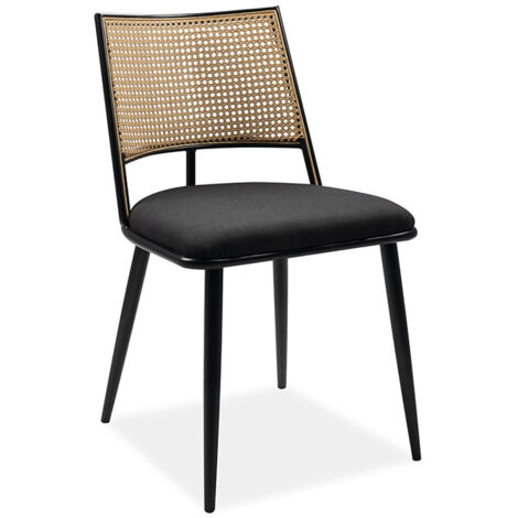Lot de 4 chaises repas en rotin et tissu noir – Dimensions 47x55x79 cm – Hauteur d'assise 46 cm – Structure métal pour confort durable (1/5)