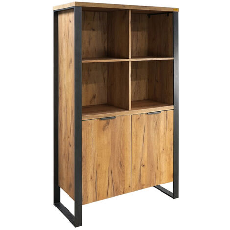 Buffet haut 4 niches 2 portes – Dimensions L. 90 x l. 39,5 x H. 160 cm – Panneaux de particules et métal noir – Style contemporain effet chêne doré (1/5)