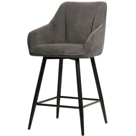 Tabouret de bar pivotant gris foncé – Siège en tissu confortable avec accoudoirs – Pieds en métal noir – Hauteur d'assise 66 cm