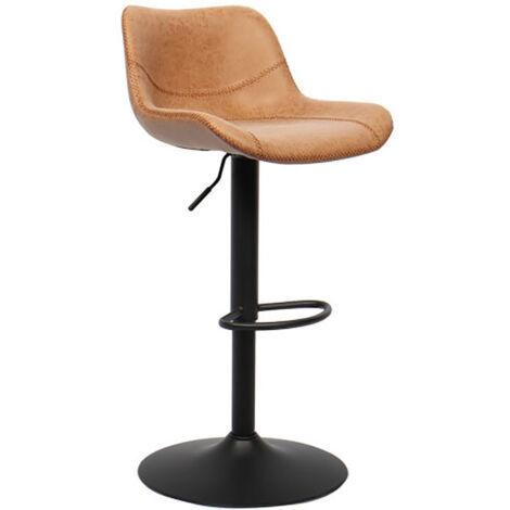 Tabouret de bar pivotant réglable en PU cognac – Hauteur d'assise 59/80 cm – Pivote à 360° – Repose-pieds intégré – Métal et polyuréthane (1/5)