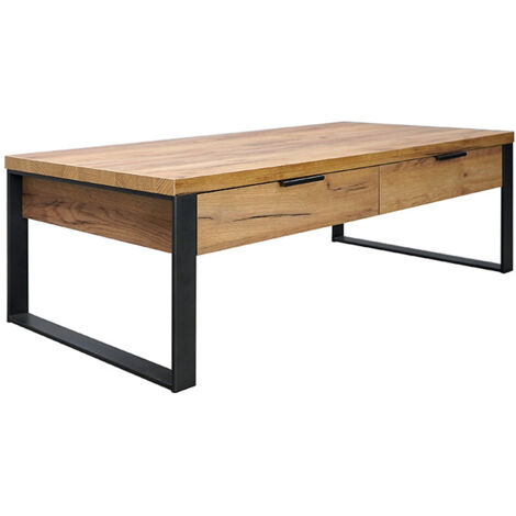 Table basse fixe 2 tiroirs 1 niche – Pieds métal noir – Dimensions L. 118 x l. 59 x H. 40 cm – Design contemporain industriel (1/5)