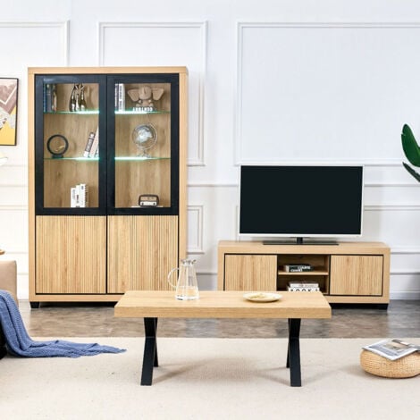 Meuble TV 2 portes 2 niches chêne wellington et noir Nice