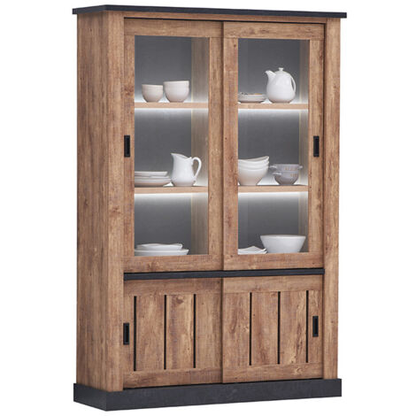 Vitrine 2 portes coulissantes avec éclairage LED – Dimensions L. 135 x l. 46 x H. 202 cm – Panneaux agglomérés et verre (1/4)
