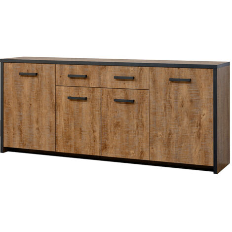 Buffet 4 portes 1 tiroir – Dimensions L. 210 x l. 45 x H. 90 cm – Finitions effet bois chic – Panneaux de particules (1/5)
