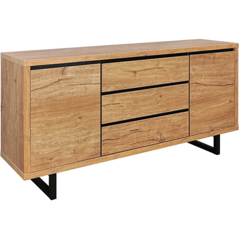Buffet 2 portes 3 tiroirs en panneaux de particules et métal – Dimensions L. 150 x l. 39,5 x H. 76,2 cm – Rangement pratique et moderne (1/5)