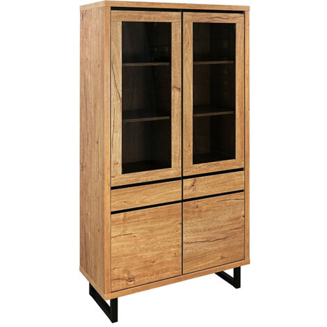 Vitrine grand modèle 2 portes vitrées 2 tiroirs – Hauteur 180 cm – Panneaux MDF et métal – Pour rangement élégant (1/5)