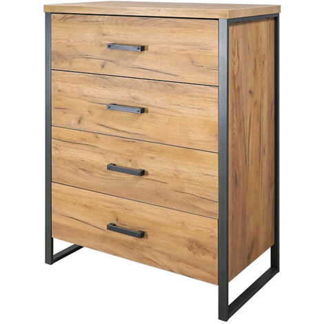 Commode 4 tiroirs en panneaux de particules effet chêne doré – Pieds métal noir – Dimensions L. 80 x l. 45 x H. 110,6 cm (1/5)