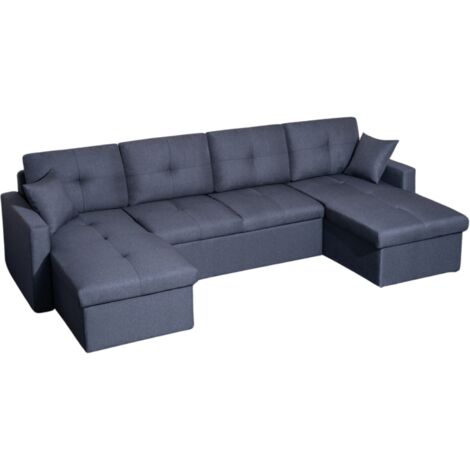 Canapé panoramique convertible gris – 273 cm – 5 places – Revêtement tissu polyester – Design en U avec coffre de rangement