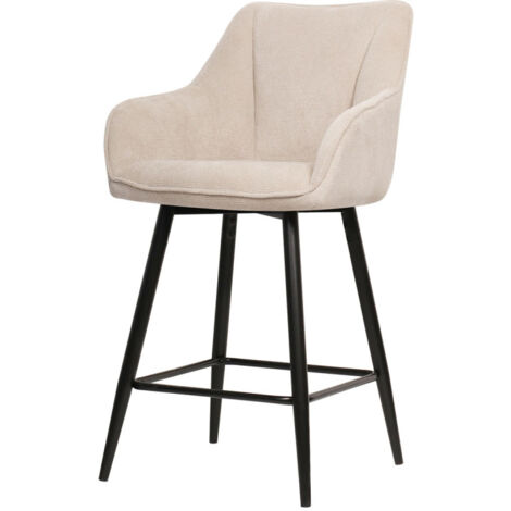 Tabouret de bar pivotant beige – Siège en tissu confortable avec accoudoirs – Pieds en métal noir – Hauteur assise 66 cm – Dimensions L. 54 x P. 59 x H. 98 cm