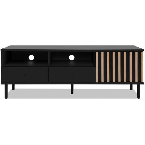 CALICOSY - Meuble TV 1 Porte et 2 Tiroirs  Noir et Bois L138 cm - MONZA (1/5)