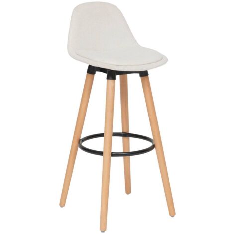 Atmosphera – Tabouret de bar Maxon tissu blanc – Hauteur 92,5 cm – Assise en mousse – Pieds en bois de hêtre – Repose-pieds en acier noir (1/5)