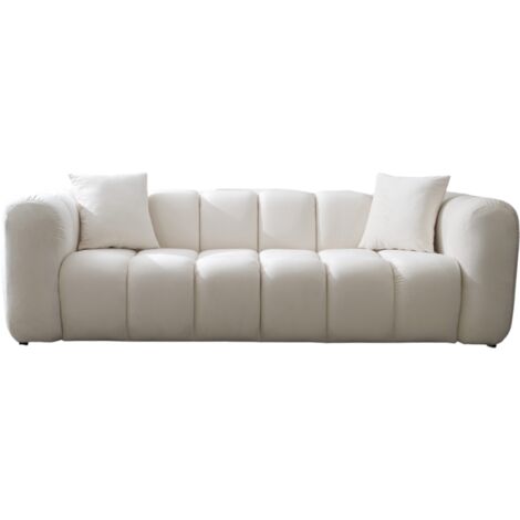 Canapé droit 3 places velours beige – Assise moelleuse – Largeur d'assise 181 cm – Dimensions L. 236 x P. 94 x H. 70 cm (1/5)