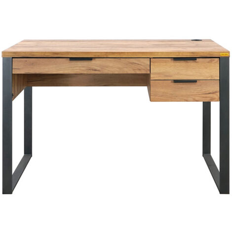 Bureau droit 3 tiroirs 120x60cm – Effet bois doré et métal – Port USB intégré – Pieds en U pour stabilité moderne (1/5)
