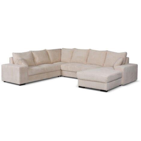 Canapé panoramique convertible 5 places – Velours côtelé beige – Couchage 290 x 142 cm – Méridienne droite avec coffre de rangement – Alcos (1/5)