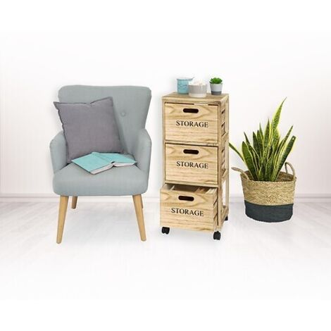 Meuble Rangement Tour 2 Tiroirs Sur Roulettes - Bois Naturel 56cm H - L.33 X P.29.5 Cm