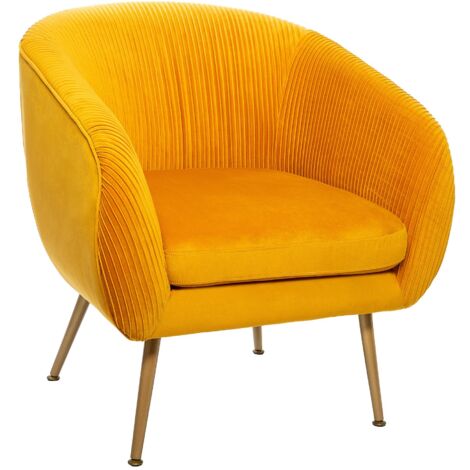 Atmosphera – Fauteuil relax en velours plissé jaune moutarde – Dimensions L. 74 x l. 70 x H. 78 cm – Structure en bois et fer – Tissu déhoussable