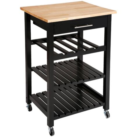 Atmosphera – Desserte de cuisine roulante en bois d'hévéa noir et naturel – 3 étagères – H 87 cm – Roulettes directionnelles avec freins