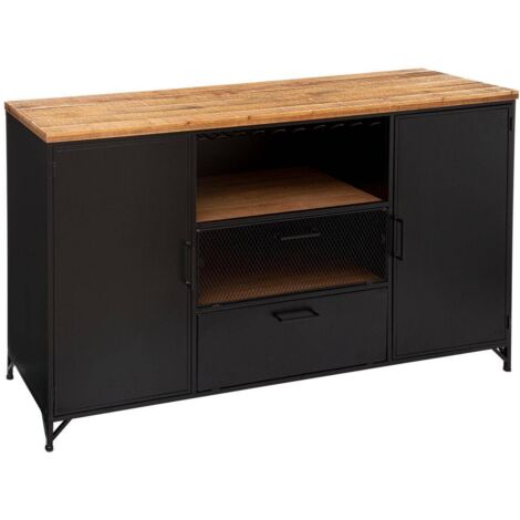 Atmosphera – Buffet 2 portes Cierna noir 140x45x85cm – Structure en fer et plateau en sapin – 2 étagères intérieures et niches avec abattants (1/5)