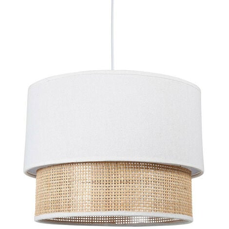 Suspension 2 abat-jours cannage et tissu blanc Ostaria