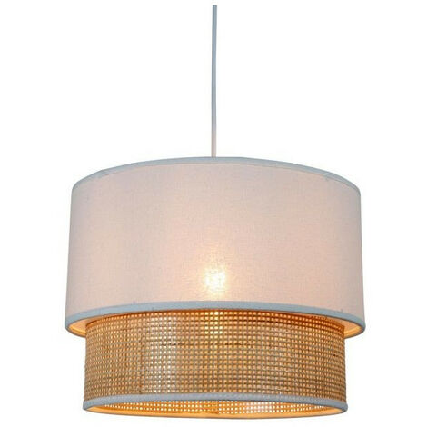 Suspension 2 abat-jours cannage et tissu blanc Ostaria