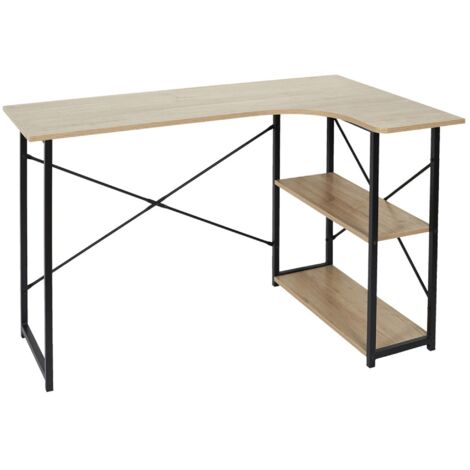 The Home Deco Factory – Bureau d'angle noir en métal et bois contreplaqué – Dimensions L120 x l74 x H74 cm – 2 étagères intégrées pour rangement efficace