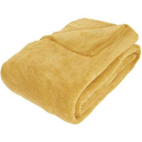 Atmosphera – Plaid microfibre jaune ocre 230x180 cm – Ultra doux 100 % polyester – Lavable en machine à 30°C – Épaisseur 1 cm