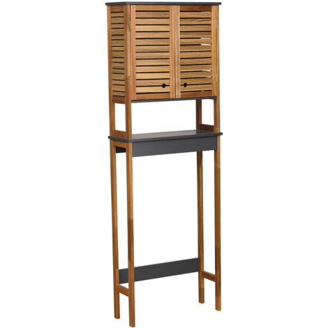 Tendance – Meuble pour WC en acacia et MDF – 2 portes – 1 étagère et 1 tablette – Dimensions 60 x 22,5 x 173 cm – Rangement esthétique au-dessus des toilettes (1/3)