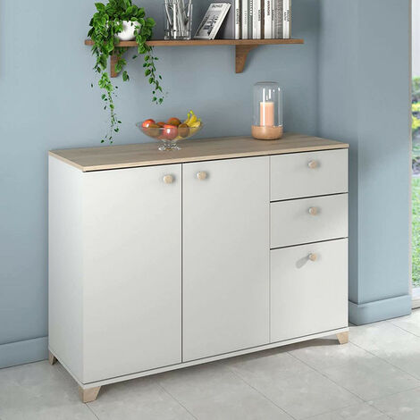 Buffet 2+1 portes 2 tiroirs Izzy blanc et bois
